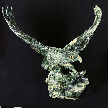 Amazing 16.4'' Jiulong Jade Hand Carved Crystal Eagle Sculpture Collection Animal Figurines Crystal Healing Decor
