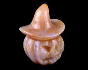 2.2” Natural Chalcedony Hand Carved Crystal Wizard Pumpkin Sculpture, Halloween Gift