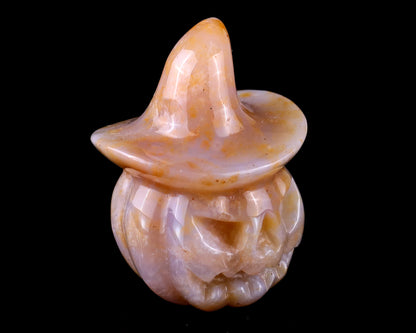 2.2” Natural Chalcedony Hand Carved Crystal Wizard Pumpkin Sculpture, Halloween Gift