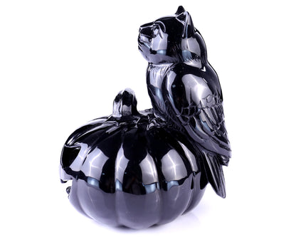 6.4” Natural Black Obsidian Hand Carved Crystal Pumpkin and Owl Sculpture, Halloween Gift