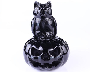6.4” Natural Black Obsidian Hand Carved Crystal Pumpkin and Owl Sculpture, Halloween Gift