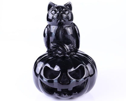 6.4” Natural Black Obsidian Hand Carved Crystal Pumpkin and Owl Sculpture, Halloween Gift