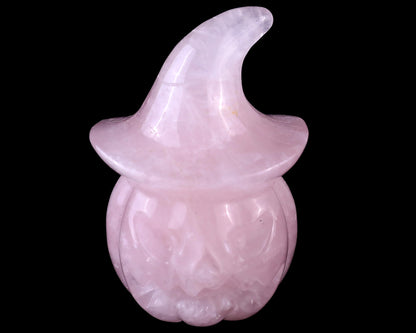 3.3” Natural Rose Quartz Hand Carved Crystal Wizard Pumpkin Sculpture, Halloween Gift
