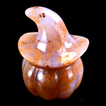 2.3” Natural Chalcedony Hand Carved Crystal Wizard Pumpkin Sculpture, Halloween Gift