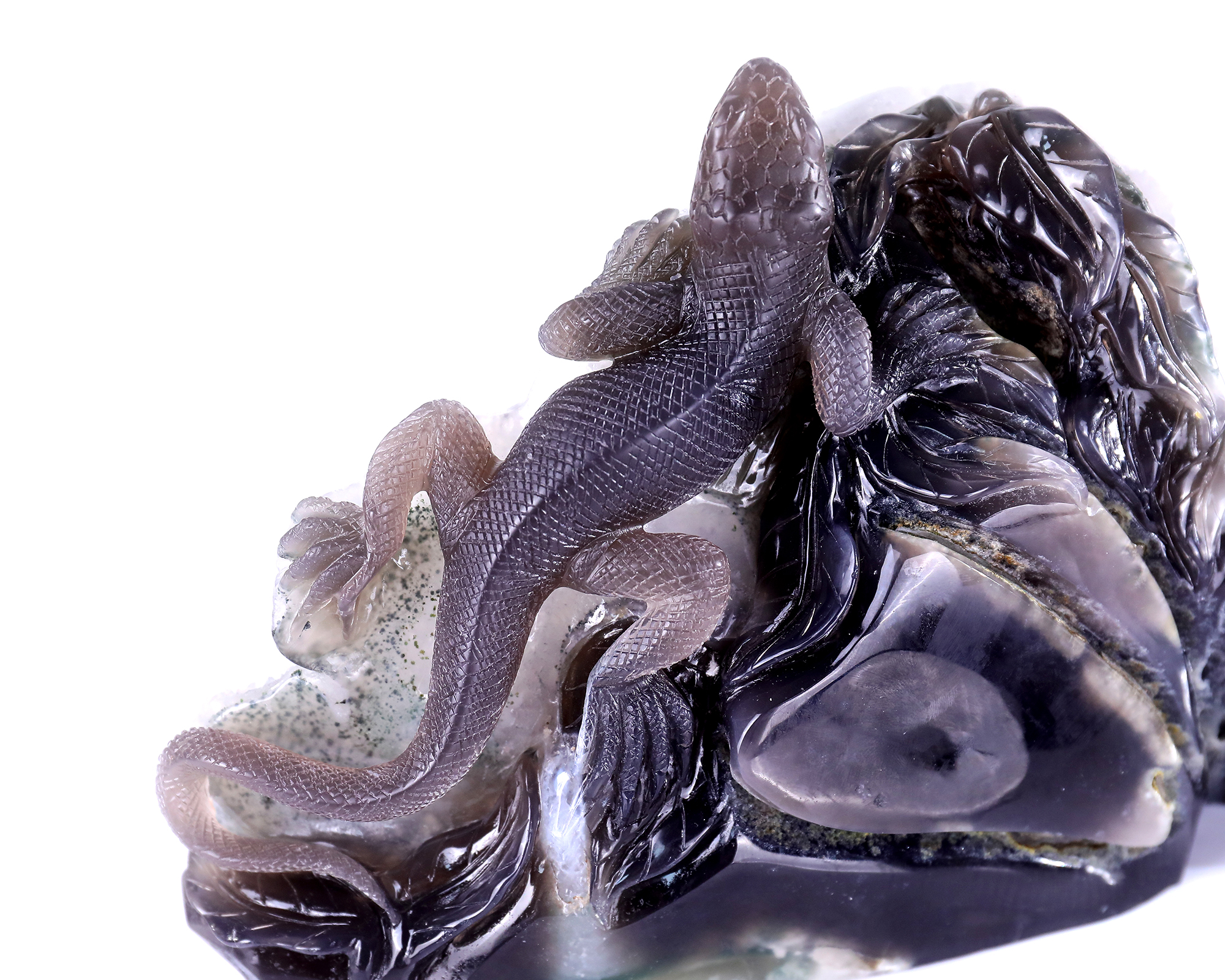 8.8" Handmade White Crystal Cluster Agate Lizard Carving, Exquisite Gemstone Sculpture for Decor & Collection