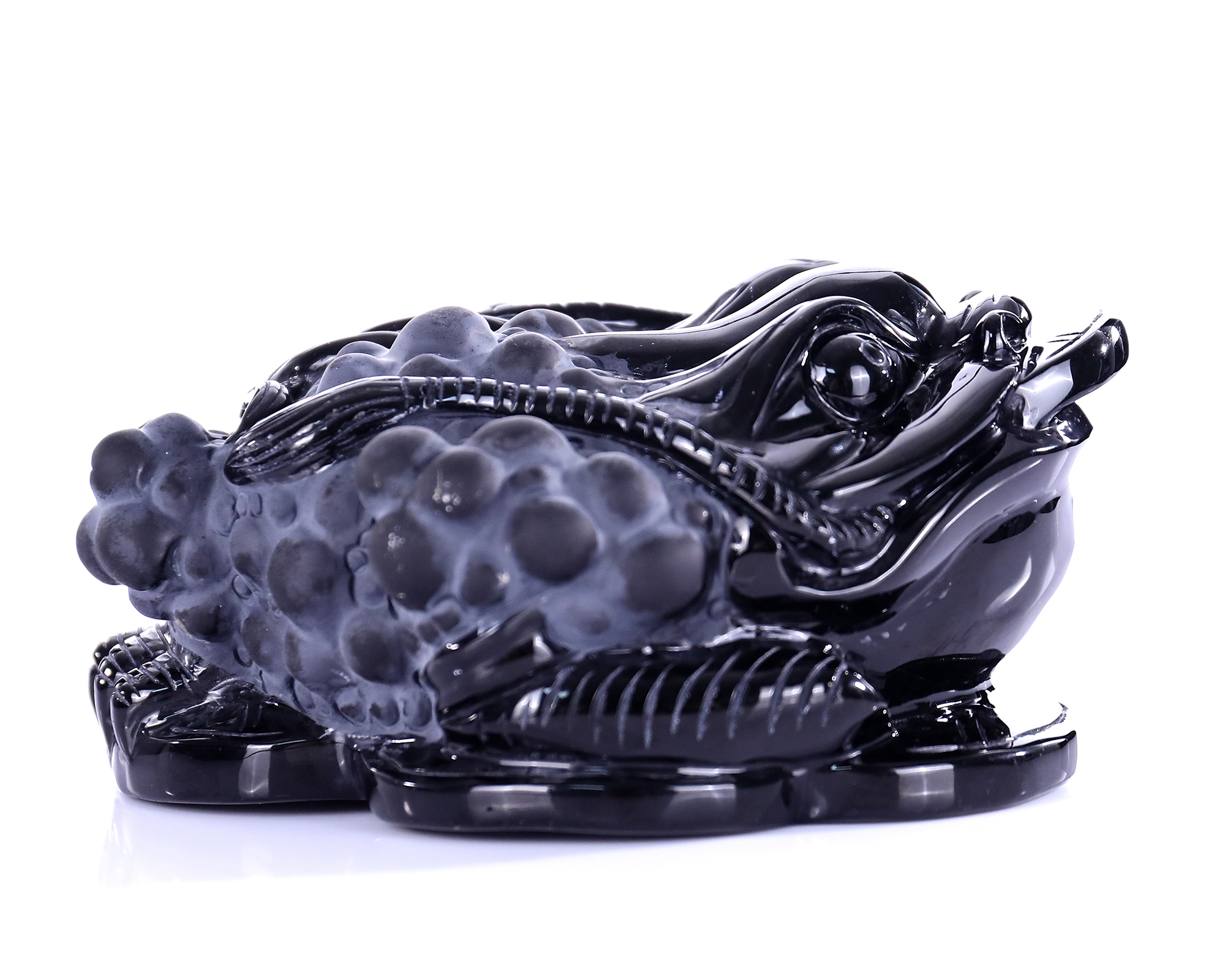 7 Inch Natural Obsidian Coin Dragon Turtle Statue - Feng Shui Lucky Charm for Wealth & Home Protection