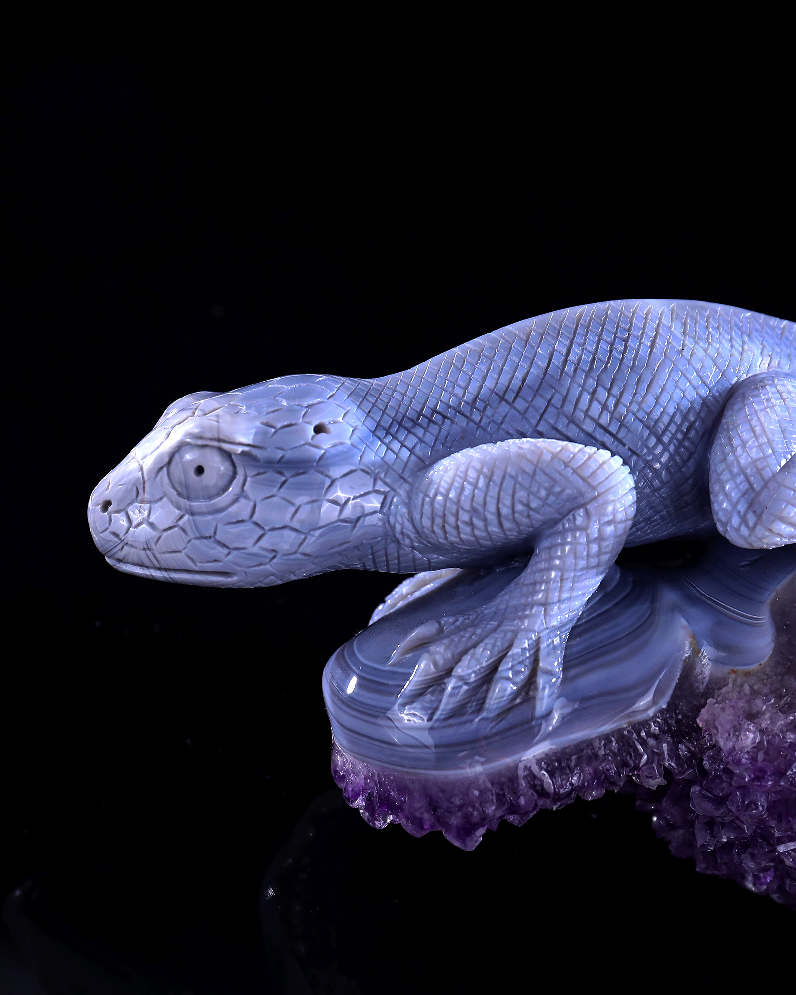 7.9" Amethyst Druse Agate Skull & Lizard Sculpture, Natural Crystal Gemstone Artifact for Luxury Decor