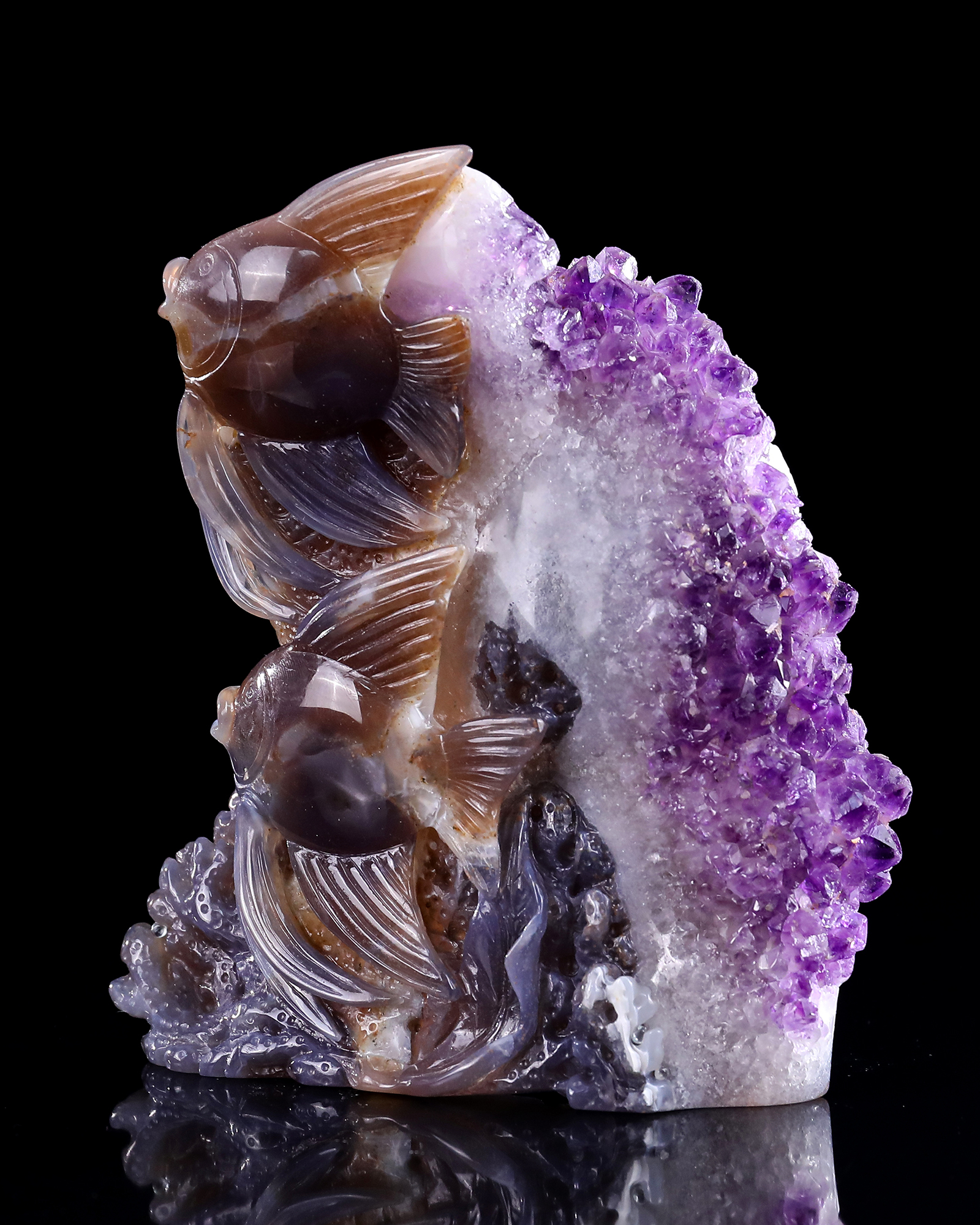 6.7" Amethyst Cluster Fish Carving, Exquisite Gemstone Sculpture for Decoration & Blessings