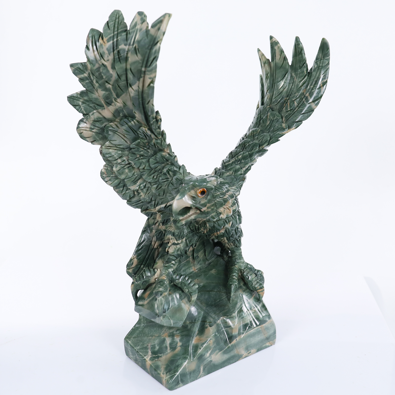 16.5" Natural Nine-Dragon Jade Eagle Feng Shui Sculpture - Large Hand-Carved Lucky Decor Statue