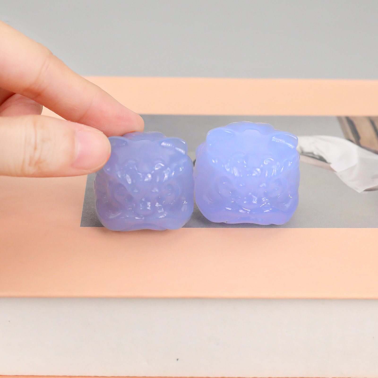 Blue Chalcedony Mini Lion Dance Incense Holder - Crystalline Luster for Desktop Blessing Decor