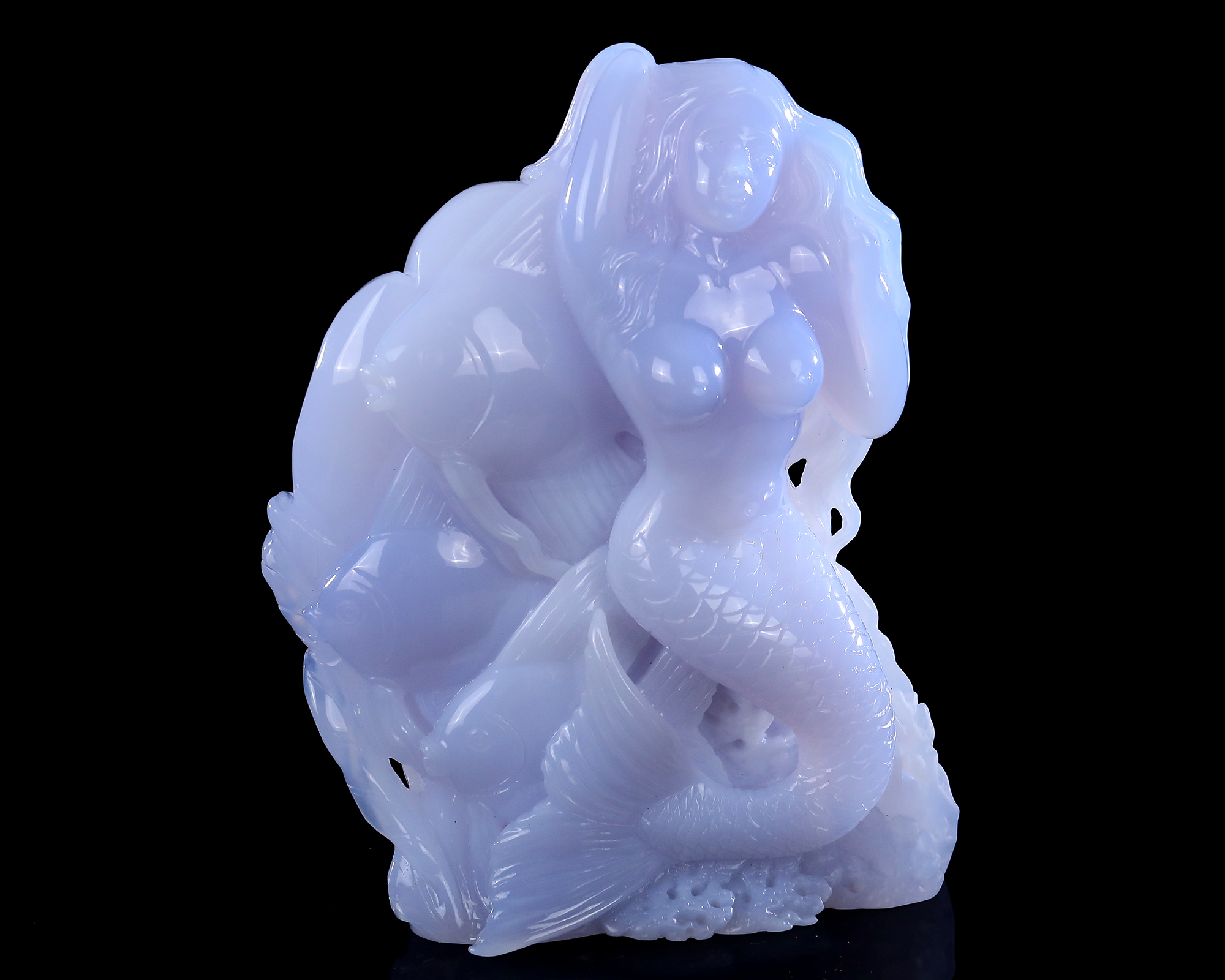 8 Inch Blue Chalcedony Mermaid & Goldfish Hand-Carved Statue - Lifelike Artisan Craft Decor