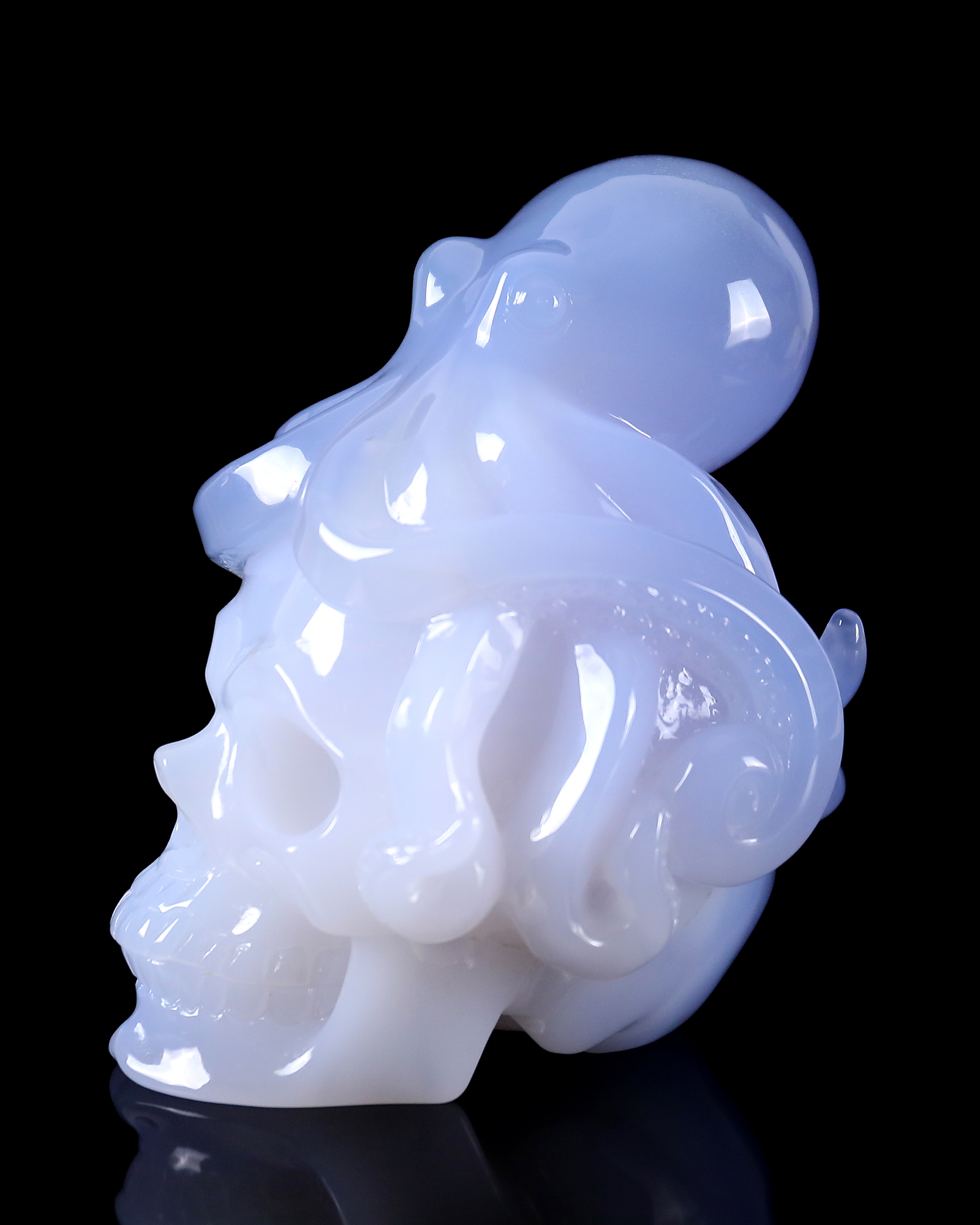 6.5 Inch Blue Chalcedony Hand-Carved Skull & Octopus Sculpture - Exquisite Craftsmanship Artwork
