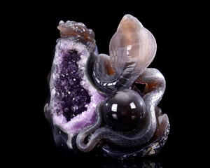 7.5 Inch Handcrafted Amethyst Geode Snake & Frog – Spiritual Crystal Carving with Harmony Symbolism