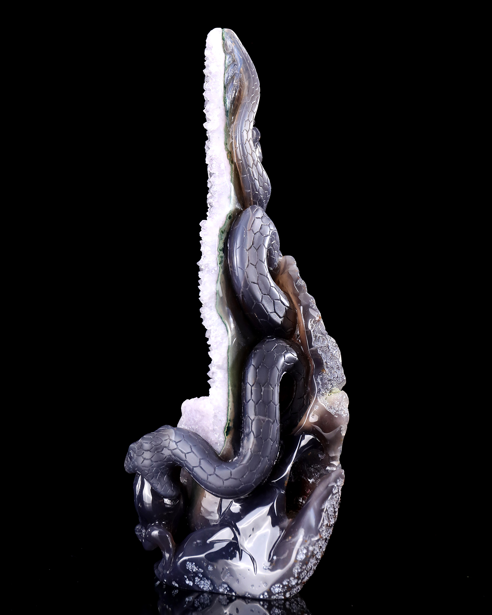 11.8 Inch Artisanal Amethyst Geode Snake & Frog – Hand-Carved Crystal Sculpture for Luxury Decor