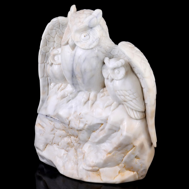 8.5" White Jade Hand Carved Crystal Owls Sculpture