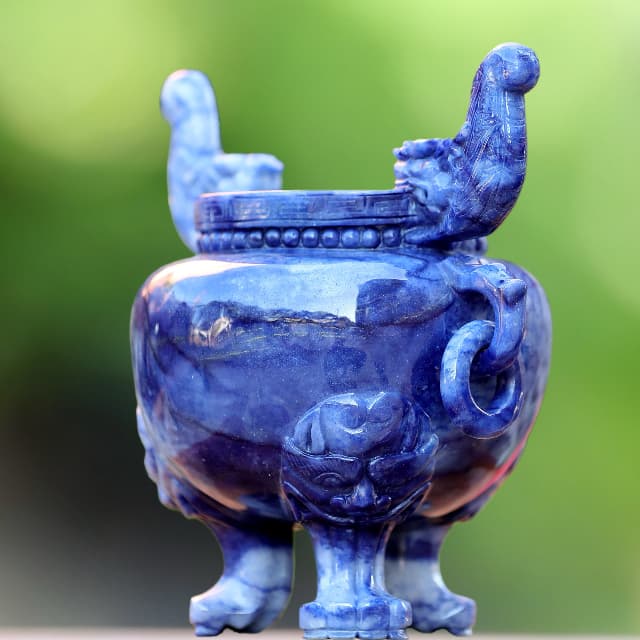 8.3” Natural Blue Aventurine Hand Carved 3 Foot Censer, Gemstone Tripod