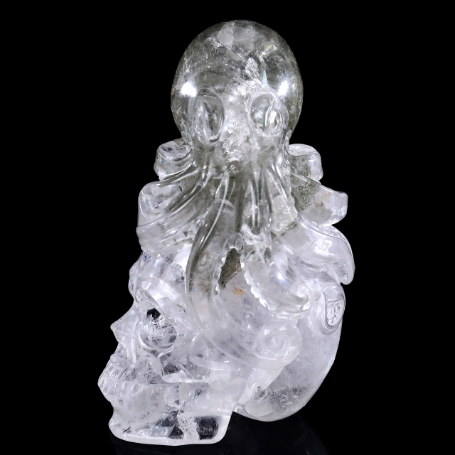 6-inch Hand Carved Clear Quartz Skull with Octopus - Natural Crystal Sculpture for Luxury Display & Spiritual Significance