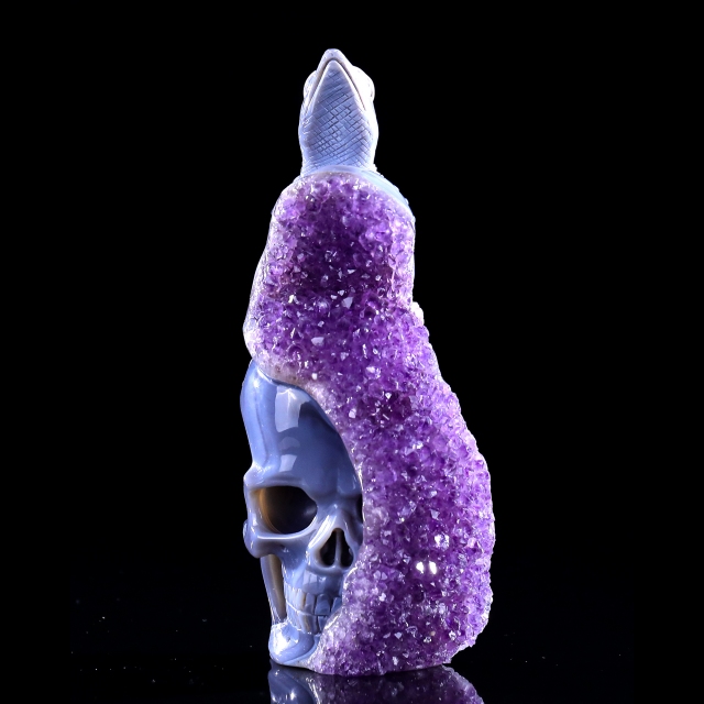 7.9" Amethyst Druse Agate Skull & Lizard Sculpture, Natural Crystal Gemstone Artifact for Luxury Decor