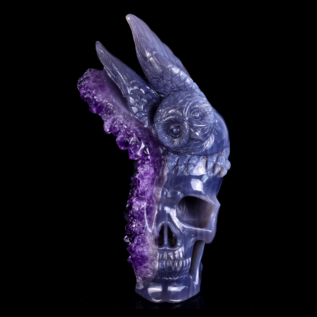 Unique 6.9" Amethyst Druse Agate Skull with Owl – Hand Carved Crystal & Mineral Specimen Sculpture for Collectors And Healing
