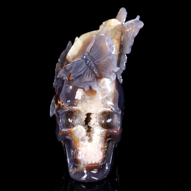 Exquisite 7-inch Geode Agate Skull & Butterfly Ornament - Handcrafted Artwork with Butterfly