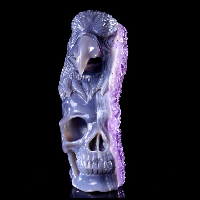 Unique 7.2" Amethyst Druse Agate Skull with Eagle – Hand Carved Crystal & Mineral Specimen Sculpture for Collectors And Healing