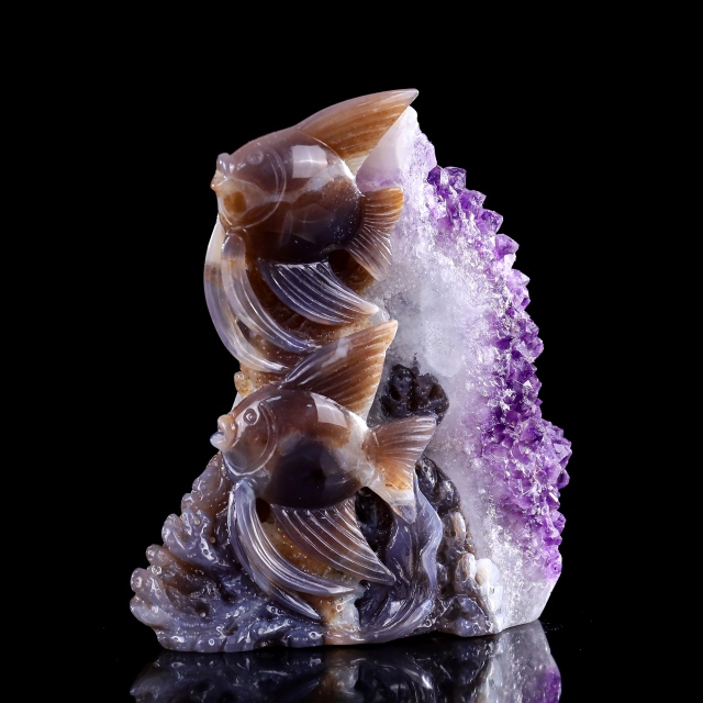 6.7" Amethyst Cluster Fish Carving, Exquisite Gemstone Sculpture for Decoration & Blessings