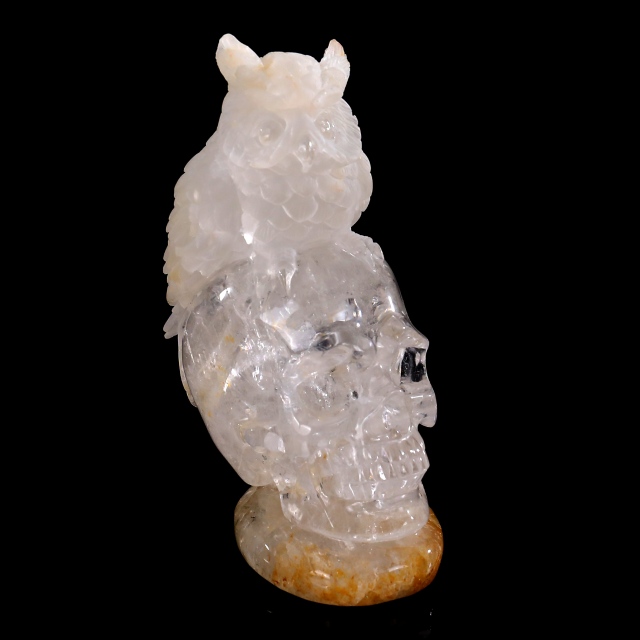 6 Inch Handcrafted Clear Crystal Skull with Owl Accent – Artisanal Carved Spiritual Decor