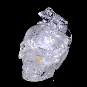 3.8-inch Hand Carved Clear Quartz Skull with Frog - Natural Crystal Sculpture for Spiritual Decor & Collection