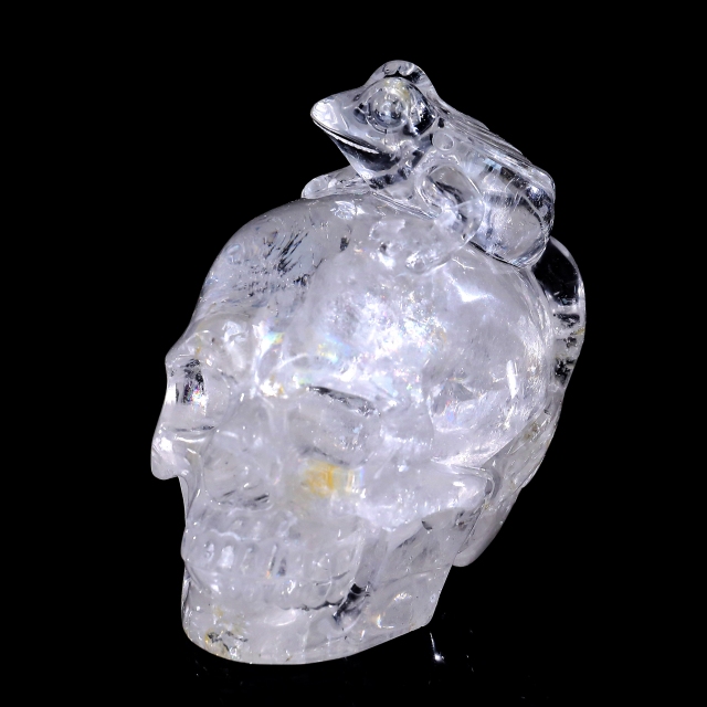 3.8-inch Hand Carved Clear Quartz Skull with Frog - Natural Crystal Sculpture for Spiritual Decor & Collection