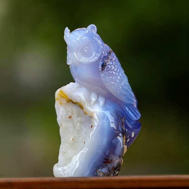 6.5" Blue Chalcedony Hand Carved Crystal Owl Sculpture