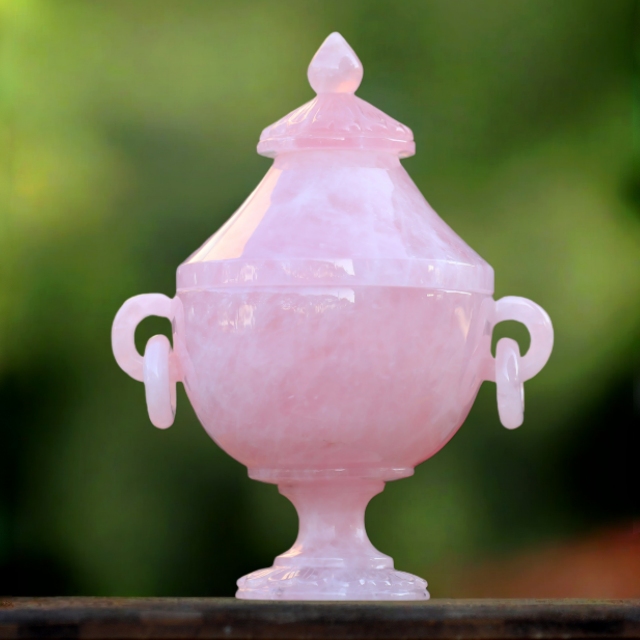11.0” Natural Rose Quartz Hand Carved Decorative Storage,Candy Bowl with Lid
