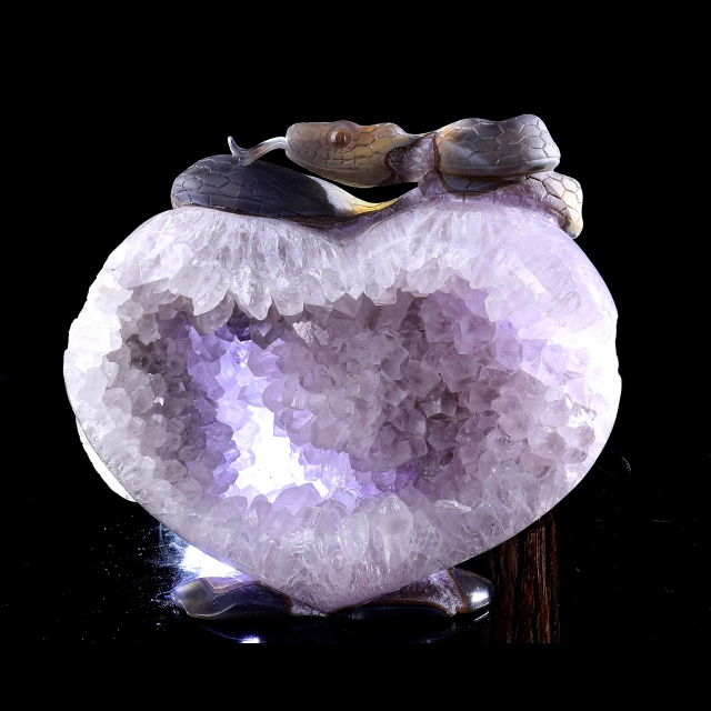 Hand-Carved Amethyst Cluster Heart Sculpture with Snake - Unique Crystal Artifact for Crystal Collectors, Home Accent & Spiritual Healing