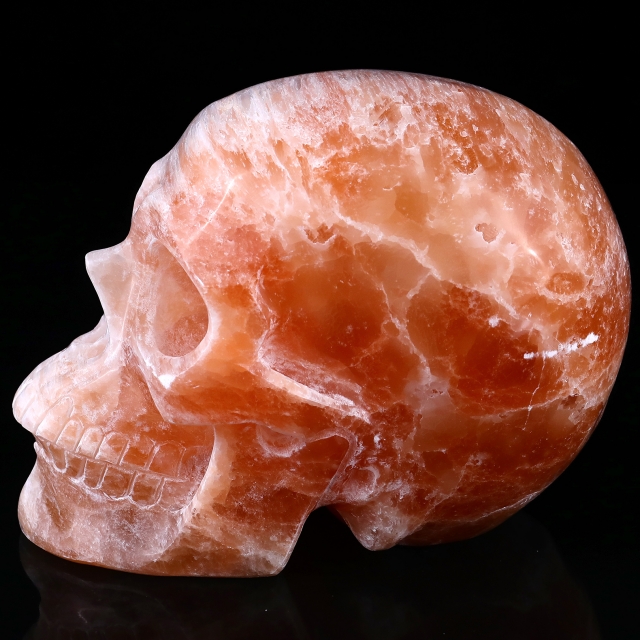 7.7" Orange Selenite Hand Carved Crystal Realistic Skull Sculpture