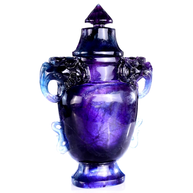 10.6” Natural Fluorite Hand Carved Crystal Vase with Lid