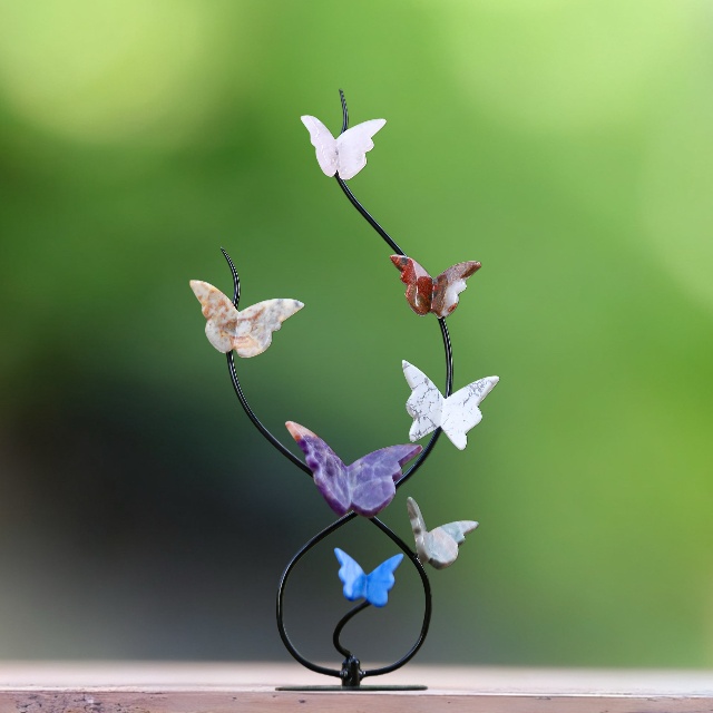 Natural Crystal Colorful Butterfly with Black Metal Stand