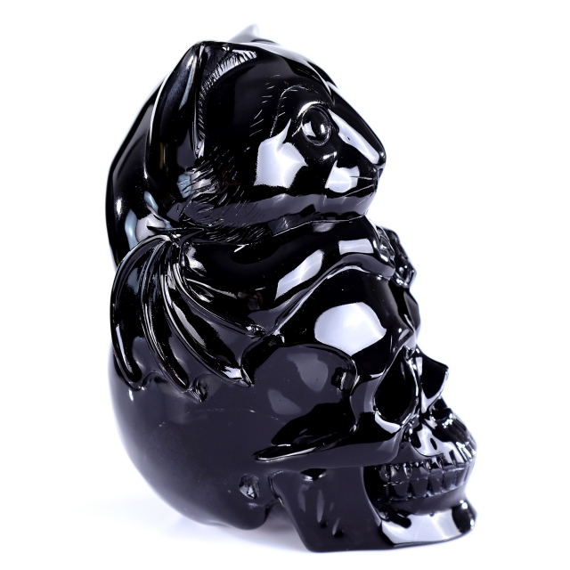 7.8" Natural Black Obsidian Hand Carved Crystal Skull and Cat Sculpture