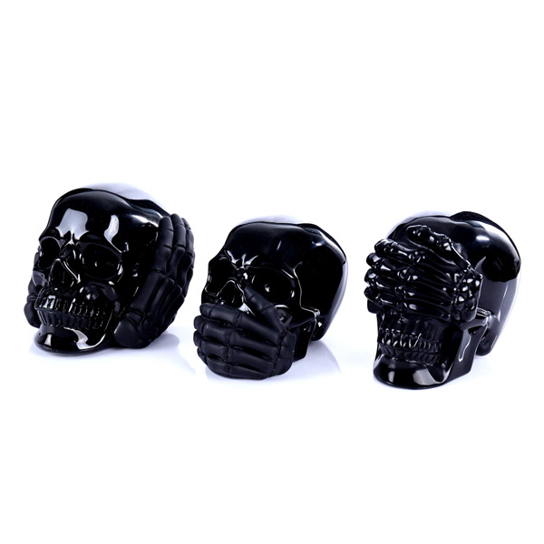 5.0" Natural Obsidian Crystal Skull Carving Three Wise Monkeys Handcrafted Gemstone Figurine