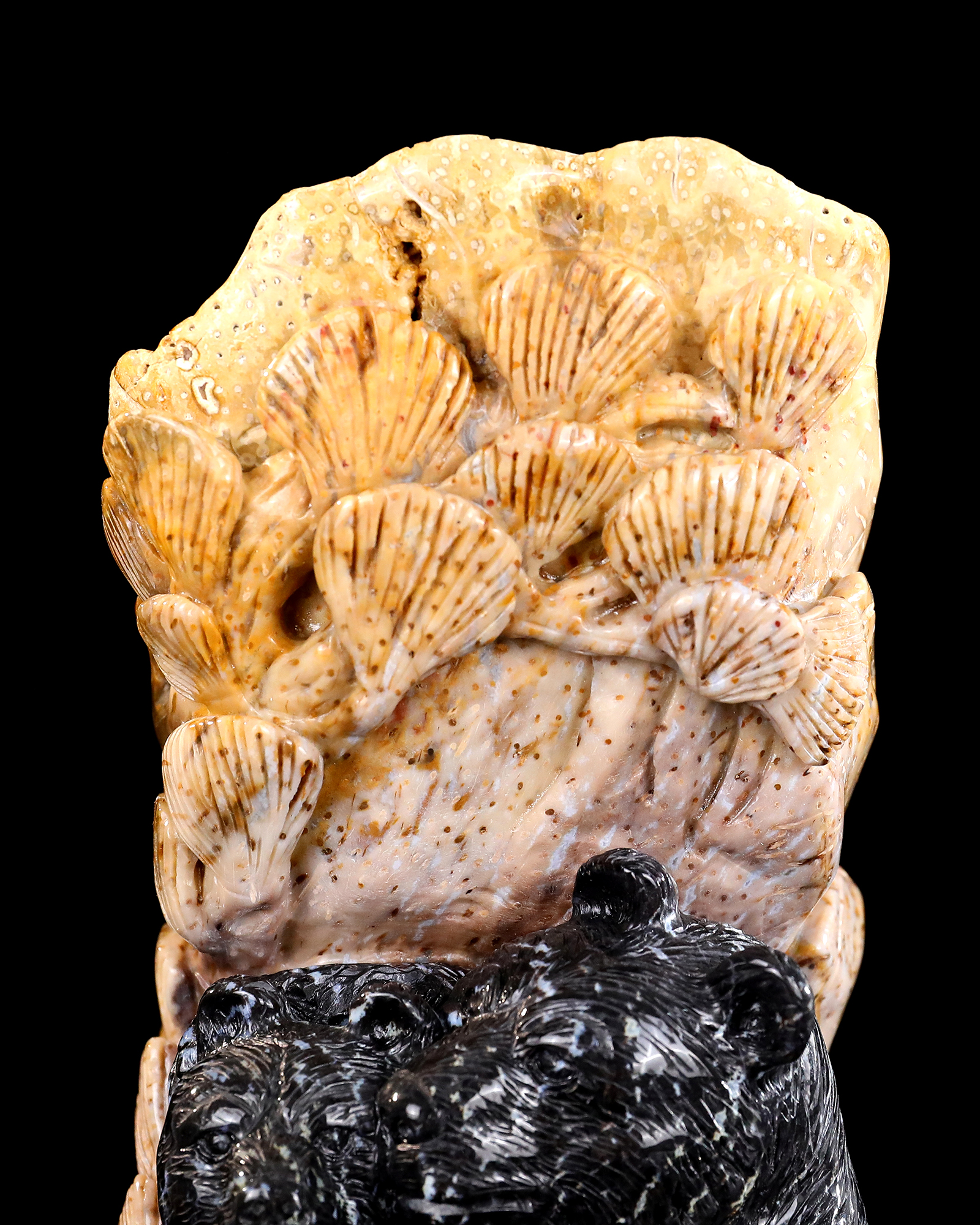 Natural Agatized Coral Stone Black Bear Mother & Cub Carving - Handcrafted Wildlife Sculpture for Home Decor & Gift