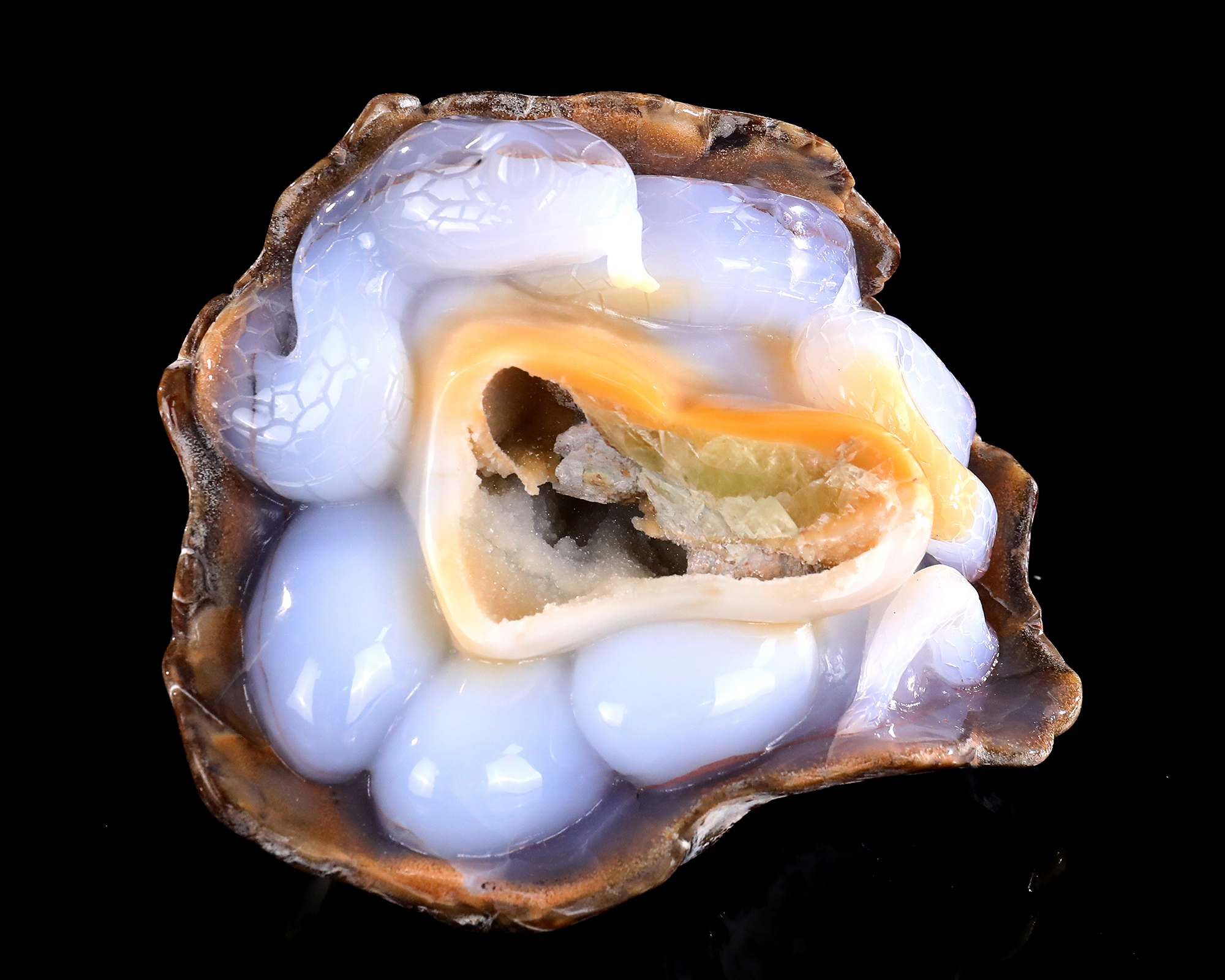 Natural Blue Chalcedony Geode Snake Carving - Handcrafted Crystal Animal Sculpture for Home Decor & Collection