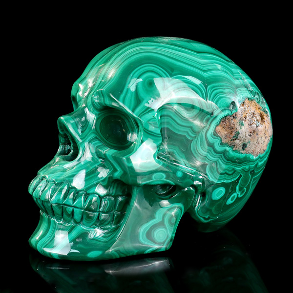 5.0" Hand-Carved Polished Natural Malachite Skull - Unique Gemstone Skull Art Piece