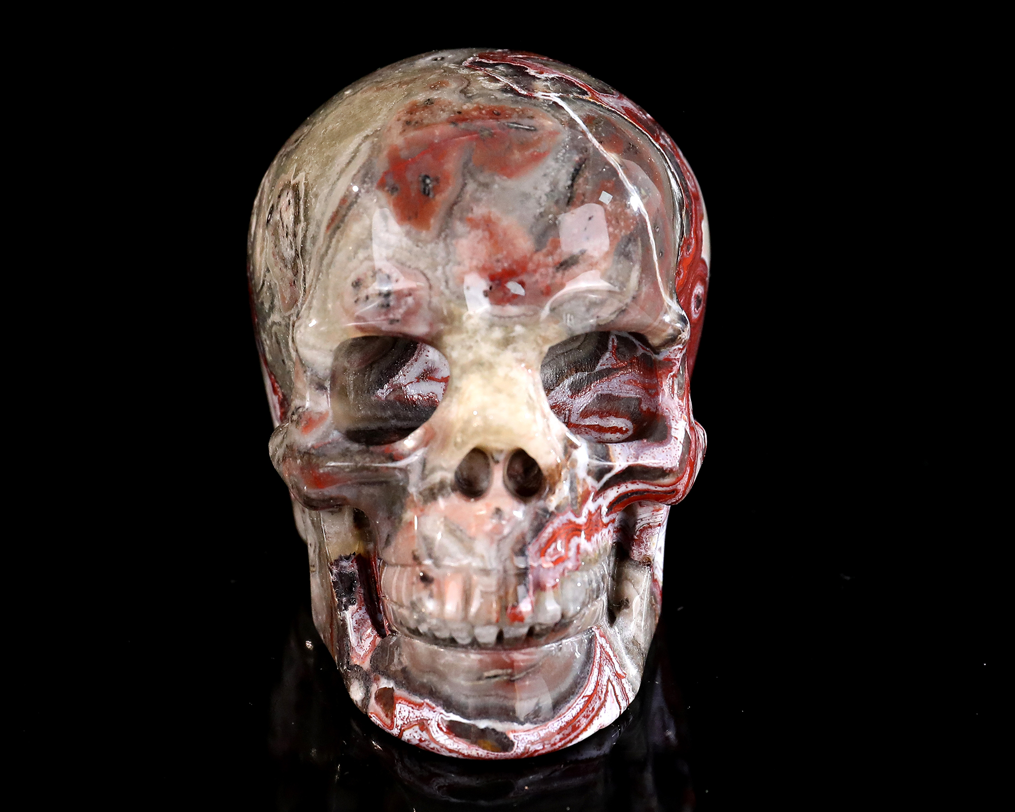 Intricate Veined Natural Red Lace Agate Skull - Artisan Crafted Crystal Sculpture