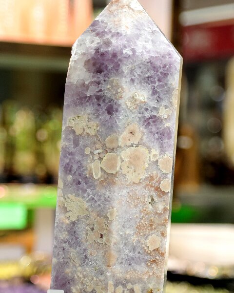 Natural Amethyst Cherry Blossom Hexagonal Prism - Hand Carved Healing Decor