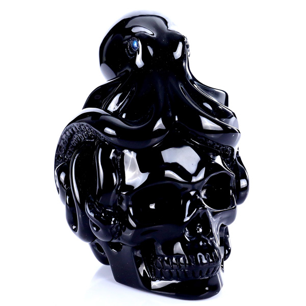 5.0" Black Obsidian Skull Carving with Handcrafted Octopus Accent Natural Stone Sculpture
