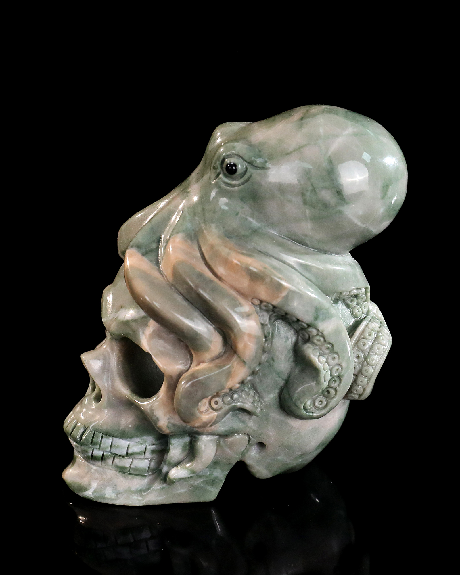 Natural Jiulong Jade Skull & Octopus Carving Handcrafted Gemstone Sculpture