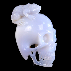 Blue Chalcedony Golden Toad on Skull Carving Hand-Carved Crystal Decorative Ornament
