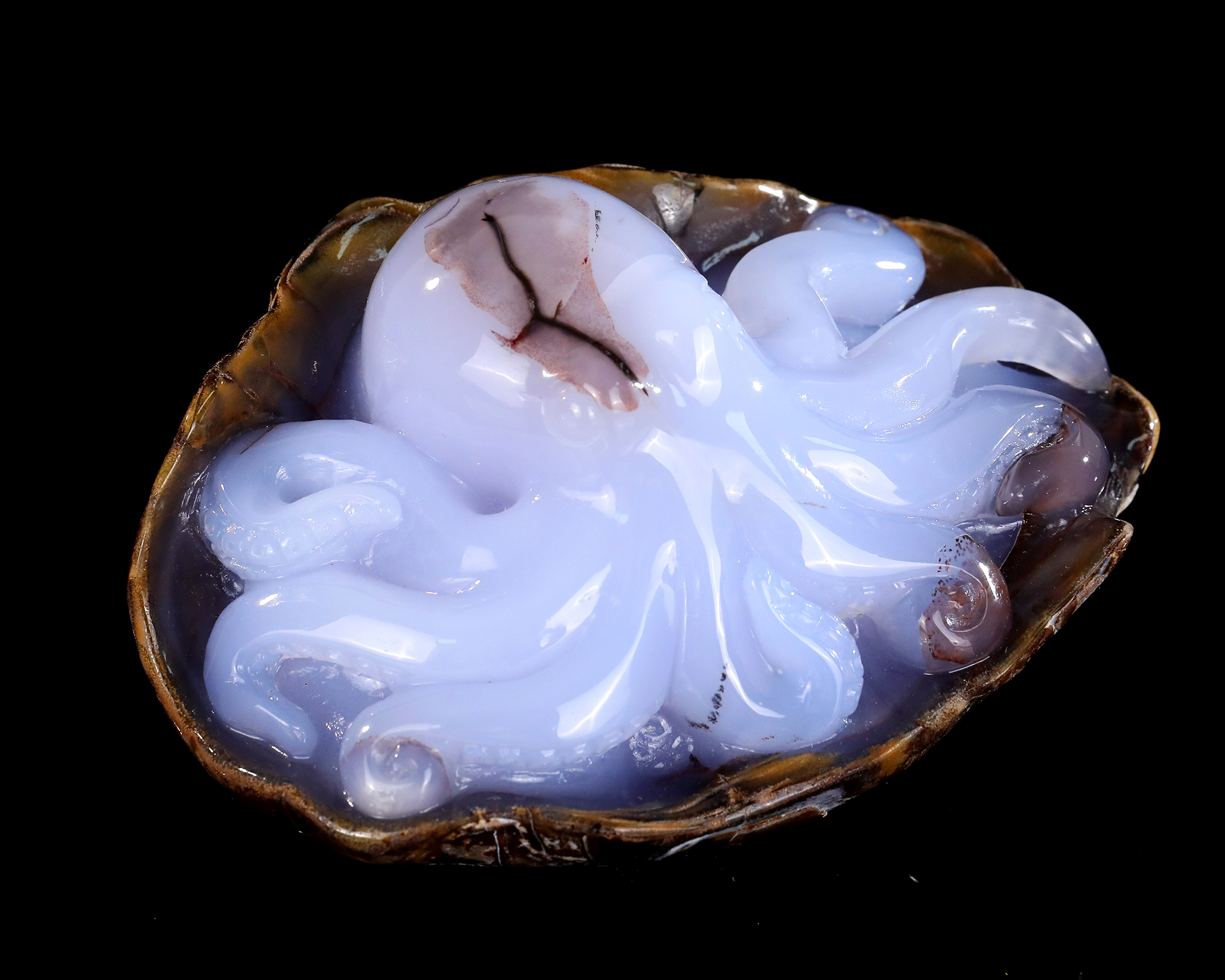 Hand-Carved Blue Chalcedony Octopus Sculpture Natural Crystal Gemstone Ornament