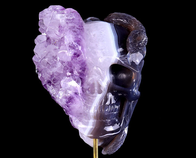 7.9" Amethyst Druse Agate Hand Carved Mineral Specimen Skull Sculpture