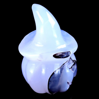 2.4” Natural Blue Chalcedony Hand Carved Crystal Wizard Pumpkin Sculpture, Halloween Gift