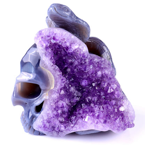 Amazing 5.1" Amethyst Geode Agate Hand Carved Crystal Snake and Skull Sculpture