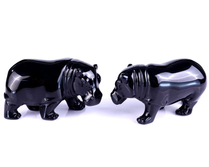 3.9" Black Obsidian Hand Carved Crystal Hippo Sculpture